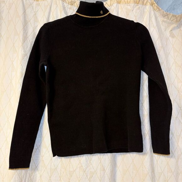 Lauren Ralph Lauren Sweaters - Lauren Ralph Lauren Women Black Turtleneck Sweater Size Medium, Gold Logo & Trim